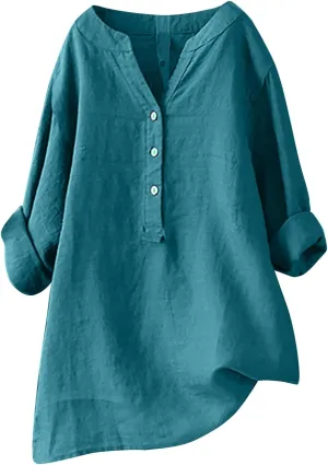 Women Button Up Shirts V Neck Long Sleeve Cotton Linen Summer Casual Fashion Blouse Tops Loose Tshirts