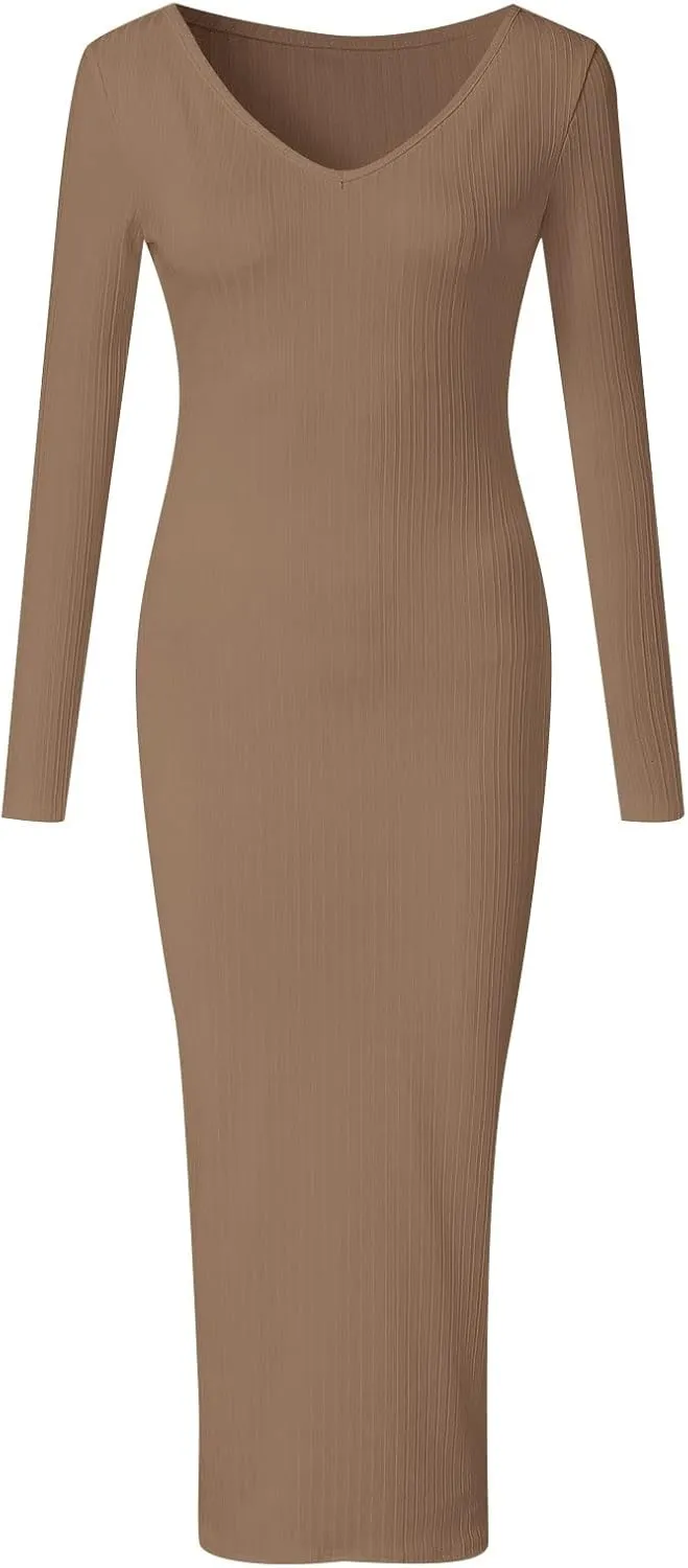 Women Casual Dresses Elegent Long Sleeve V Neck Bodycon Midi Dress Formal Slim Pencil Evening Party Dress