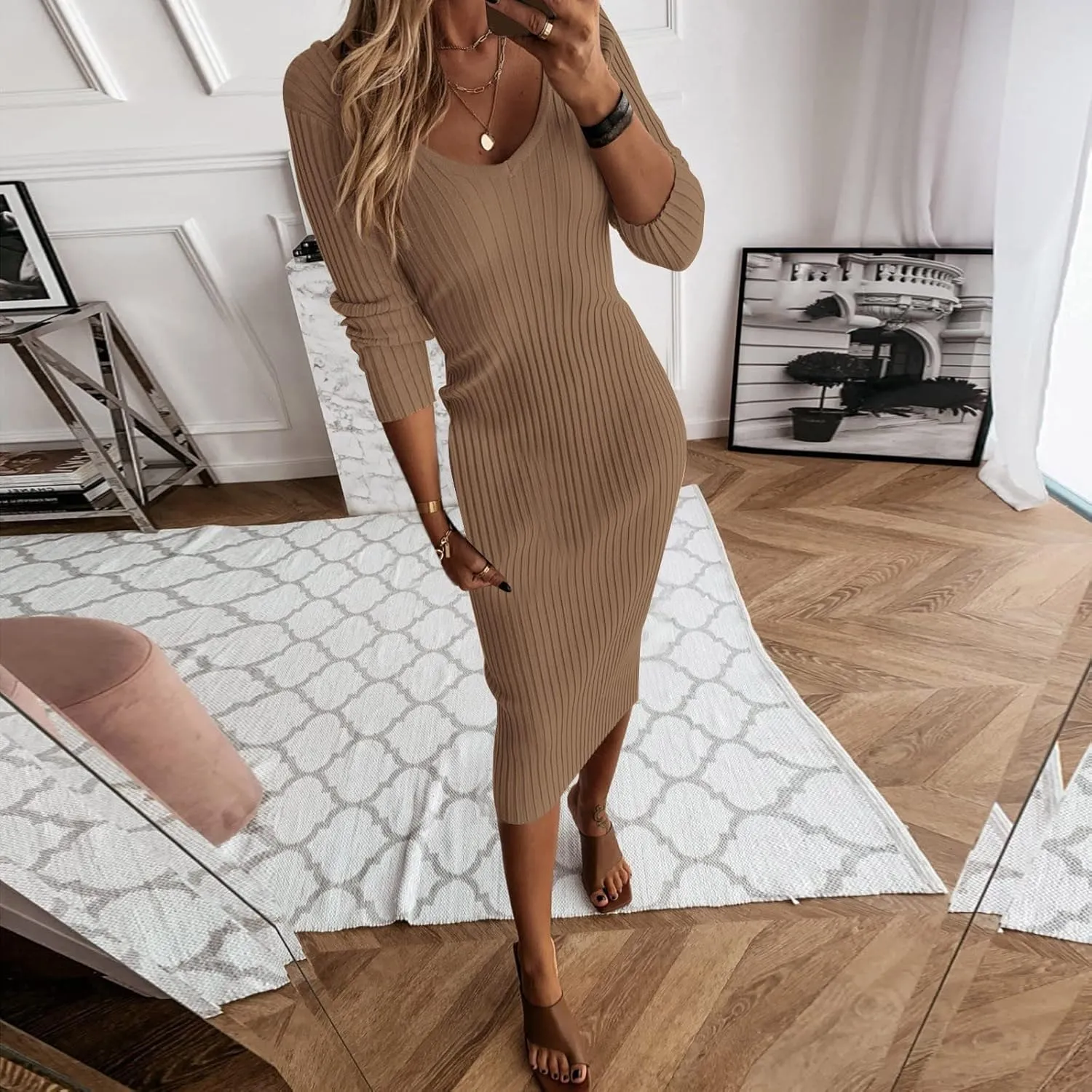 Women Casual Dresses Elegent Long Sleeve V Neck Bodycon Midi Dress Formal Slim Pencil Evening Party Dress