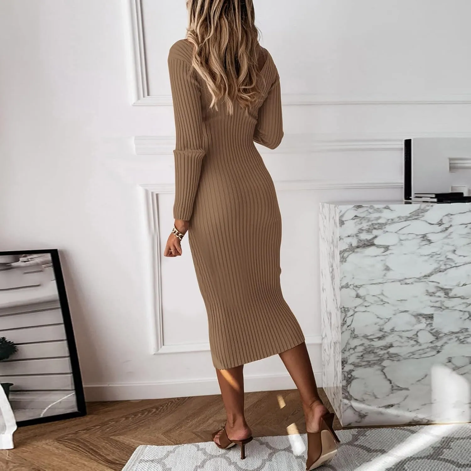Women Casual Dresses Elegent Long Sleeve V Neck Bodycon Midi Dress Formal Slim Pencil Evening Party Dress