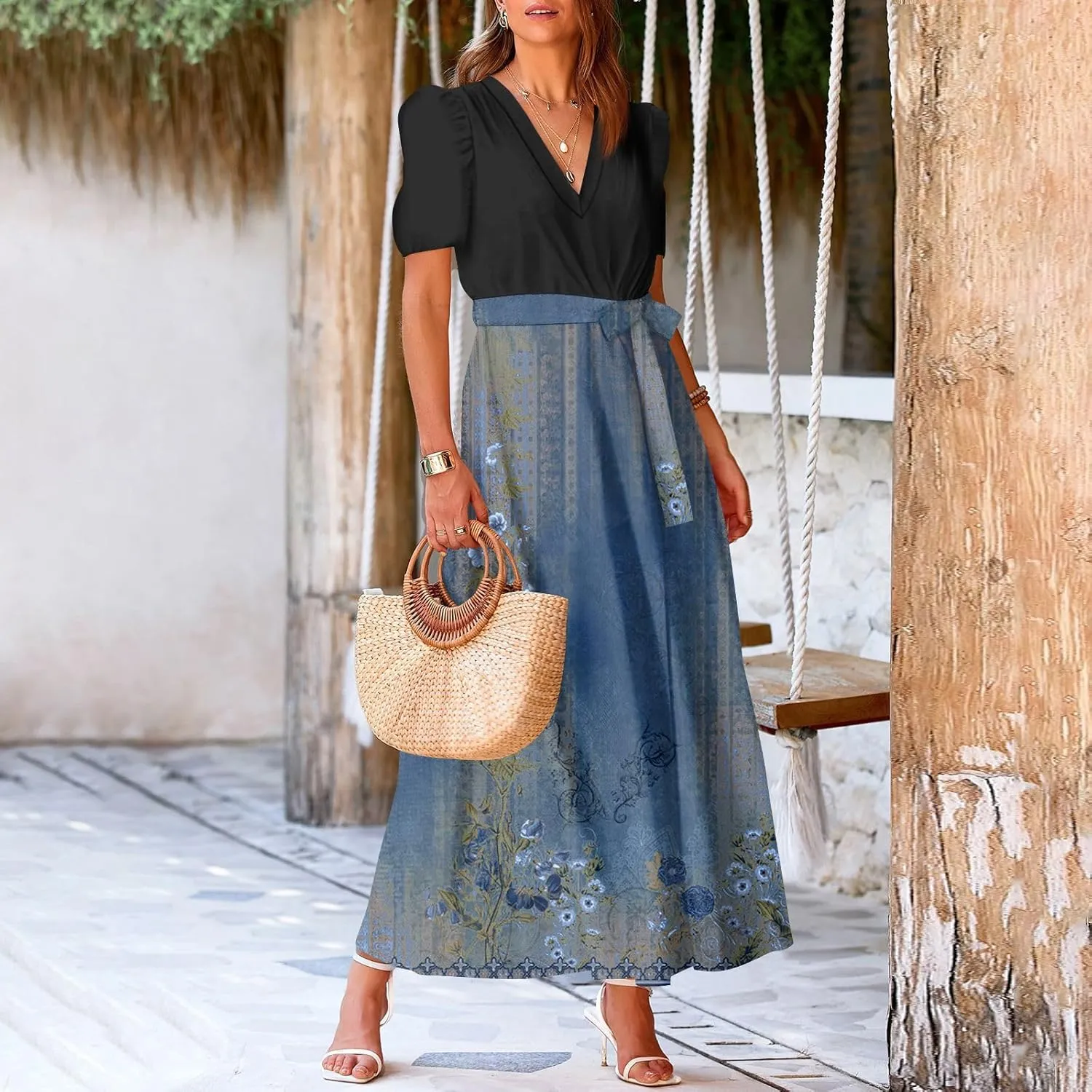 Women Casual Sleeveless Summer Dresses 2025 Spring Crewneck Patchwork Boho Floral Ruffle Cocktail Party Midi Dress