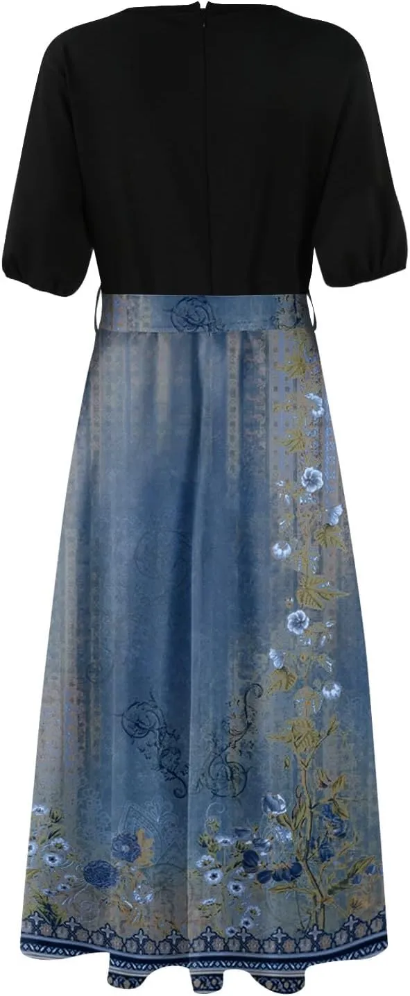 Women Casual Sleeveless Summer Dresses 2025 Spring Crewneck Patchwork Boho Floral Ruffle Cocktail Party Midi Dress