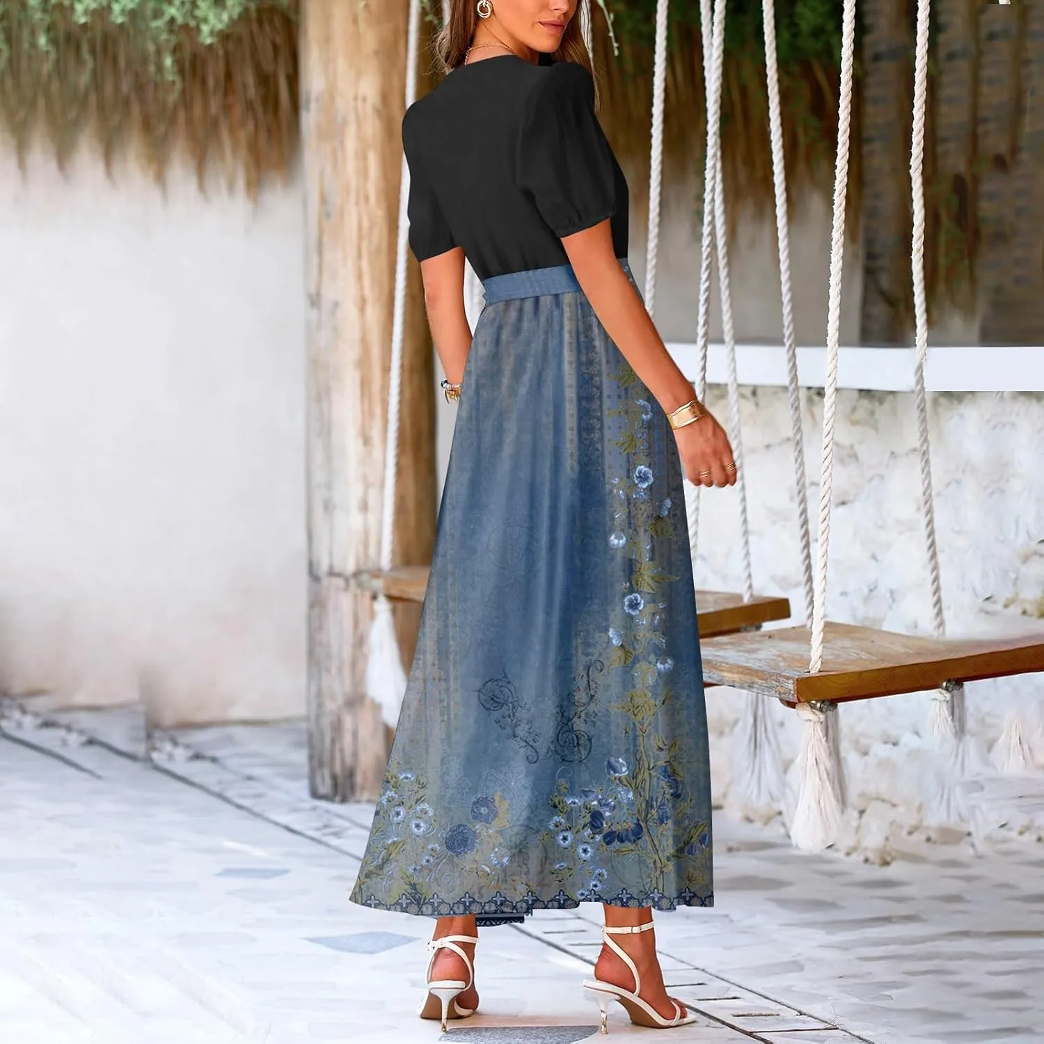 Women Casual Sleeveless Summer Dresses 2025 Spring Crewneck Patchwork Boho Floral Ruffle Cocktail Party Midi Dress