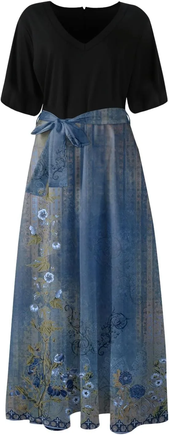 Women Casual Sleeveless Summer Dresses 2025 Spring Crewneck Patchwork Boho Floral Ruffle Cocktail Party Midi Dress