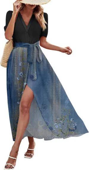 Women Casual Sleeveless Summer Dresses 2025 Spring Crewneck Patchwork Boho Floral Ruffle Cocktail Party Midi Dress