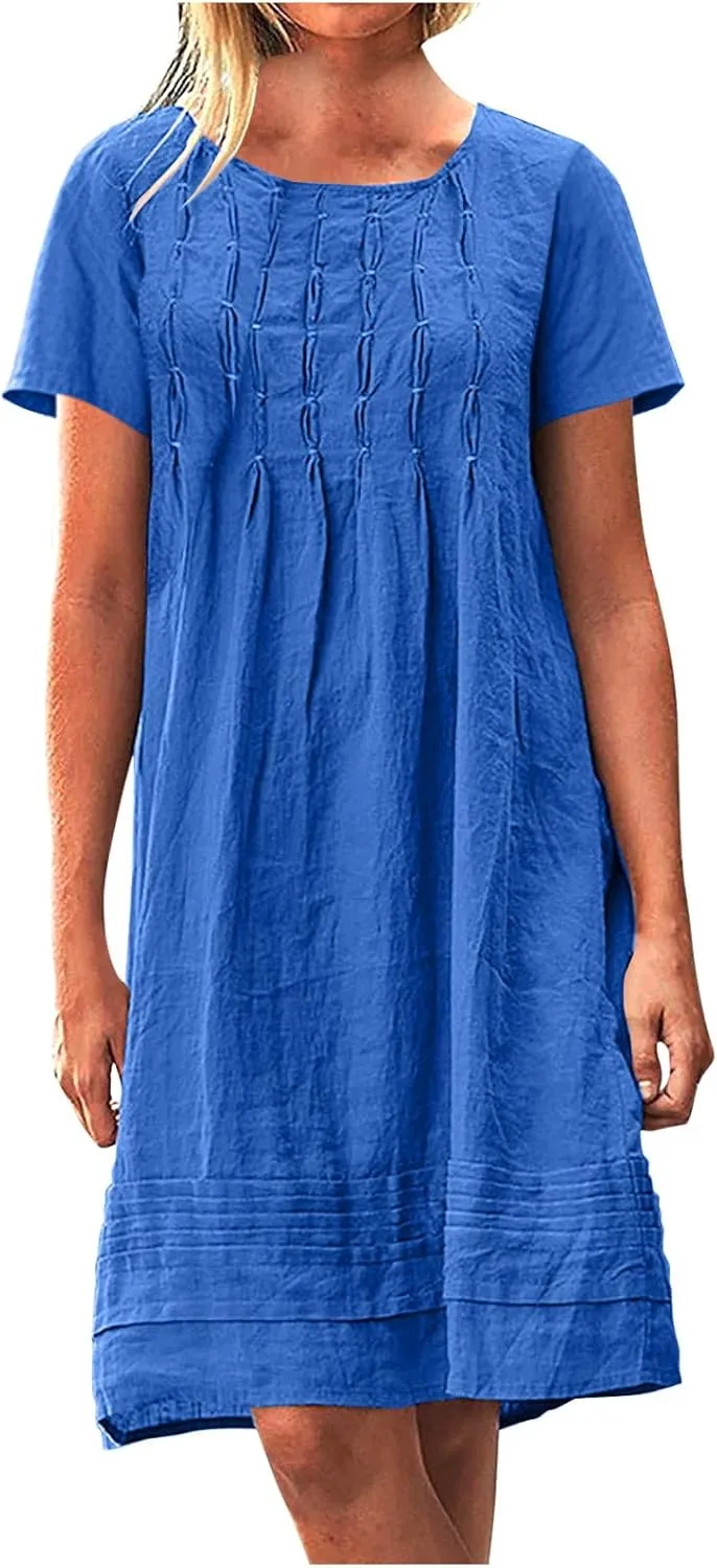 Women Cotton Linen Dresses Crew Neck Short Sleeve Pleated Front Stripe Printed Knee Length Loose Fit Summer Dress