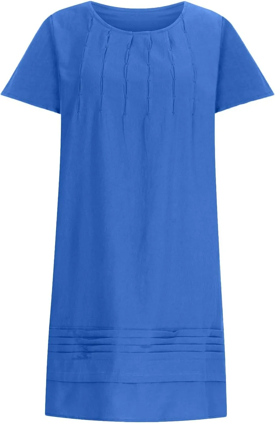 Women Cotton Linen Dresses Crew Neck Short Sleeve Pleated Front Stripe Printed Knee Length Loose Fit Summer Dress
