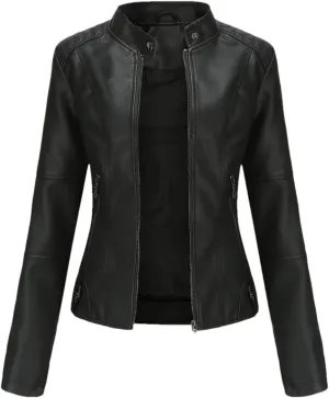 Women Faux Leather Jacket Spring Autumn Moto Biker Zipper Jacket Red Black Coat Outerwear