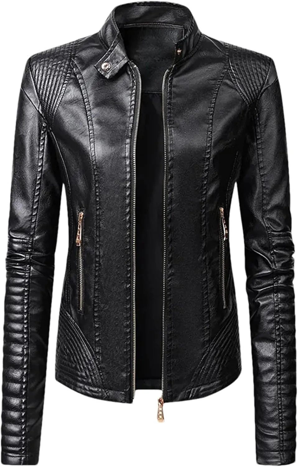 Women Faux Leather Jacket Spring Autumn Motorcycle Jacket Moto Biker Zipper Black Coat