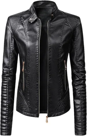 Women Faux Leather Jacket Spring Autumn Motorcycle Jacket Moto Biker Zipper Black Coat