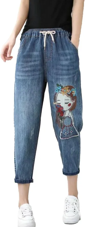 Women Floral Embroidered Denim Pants Wide Leg Baggy Barrel Jeans Tapered Bottom Trousers Straight Cropped Pants