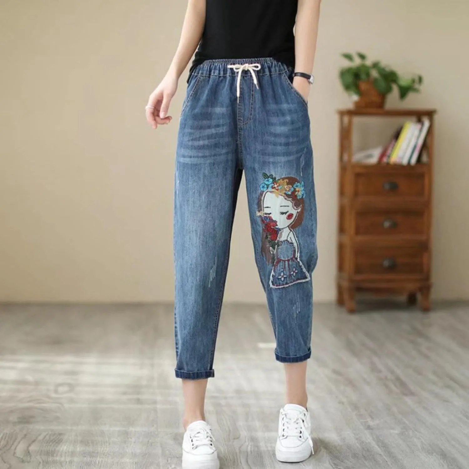 Women Floral Embroidered Denim Pants Wide Leg Baggy Barrel Jeans Tapered Bottom Trousers Straight Cropped Pants