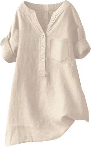 Women Linen Shirts Summer Linen Plain Solid Short Sleeve T-Shirt Casual Plus Size Dressy Crewneck Tee Tops