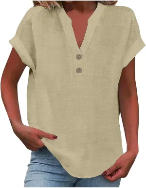 Women Linen Shirts V Neck Button Blouses Bohemian 2024 Summer Tops Short Sleeve Loose Fit T-Shirts