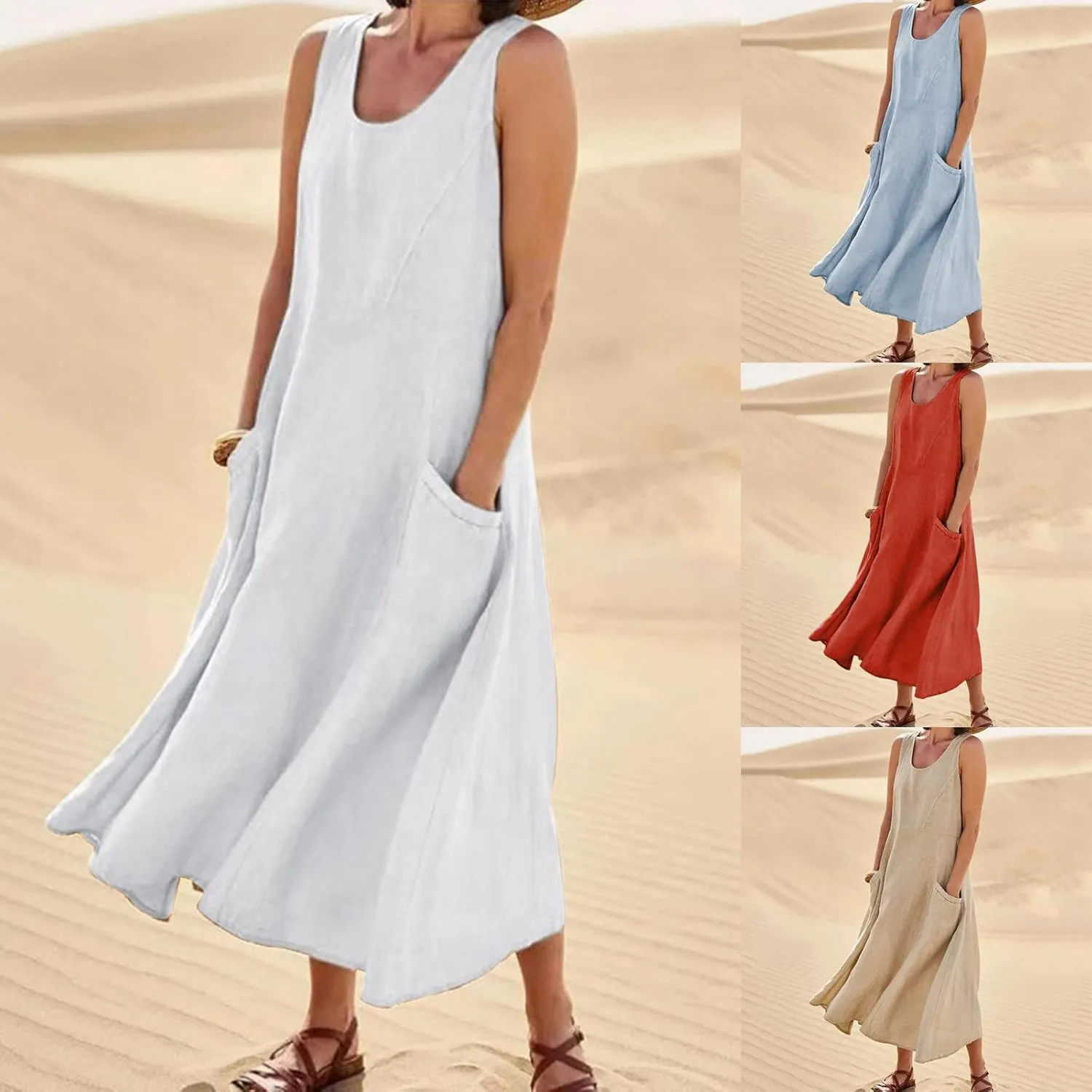 Women Maxi Dress Summer Casual Sleeveless Sundress Crew Neck Long Dresses with Pockets 2025 Beach Vacation