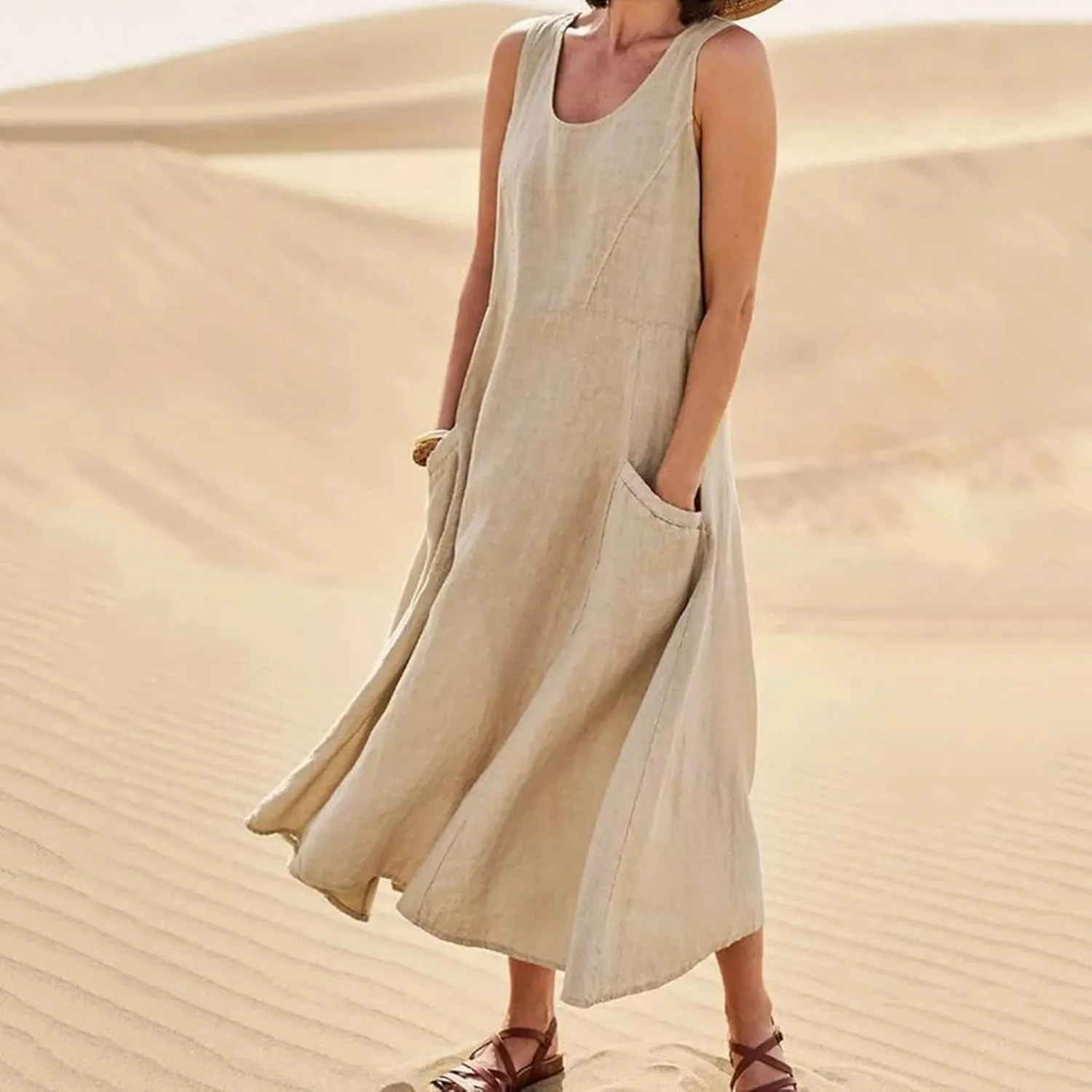Women Maxi Dress Summer Casual Sleeveless Sundress Crew Neck Long Dresses with Pockets 2025 Beach Vacation