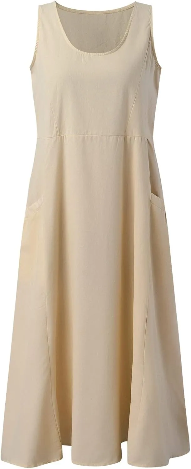 Women Maxi Dress Summer Casual Sleeveless Sundress Crew Neck Long Dresses with Pockets 2025 Beach Vacation