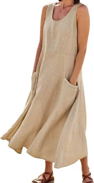 Women Maxi Dress Summer Casual Sleeveless Sundress Crew Neck Long Dresses with Pockets 2025 Beach Vacation