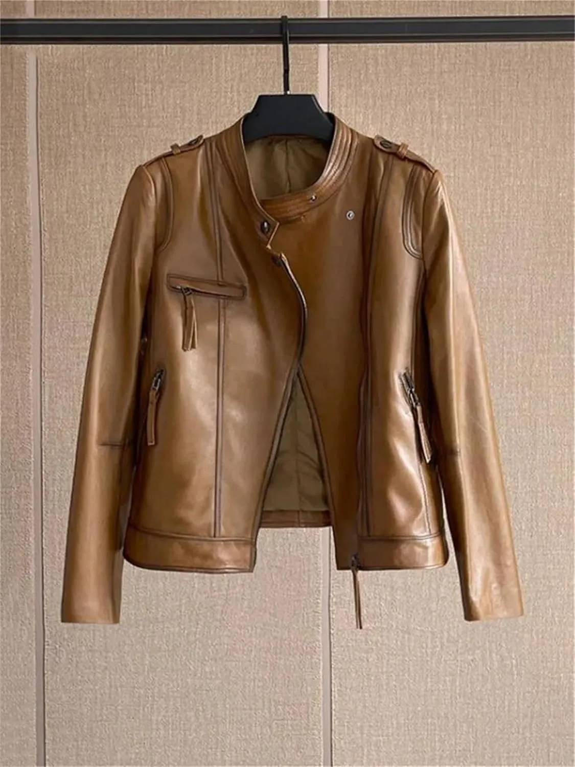Women Oil Wax Sheepskin Jacket Spring Short Stand Collar Office Work Coat Vintage Moto Biker Genuine Leather Jacket