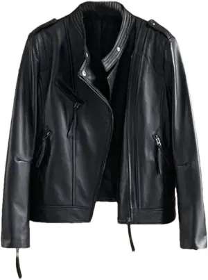 Women Oil Wax Sheepskin Jacket Spring Short Stand Collar Office Work Coat Vintage Moto Biker Genuine Leather Jacket