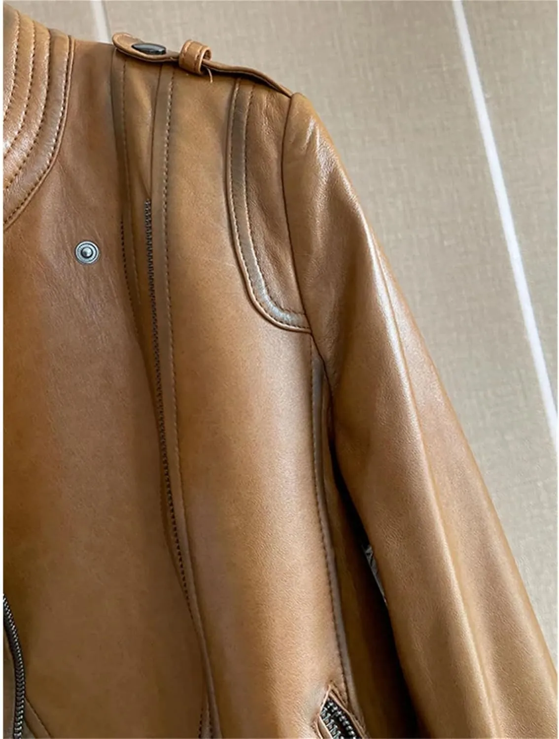Women Oil Wax Sheepskin Jacket Spring Short Stand Collar Office Work Coat Vintage Moto Biker Genuine Leather Jacket