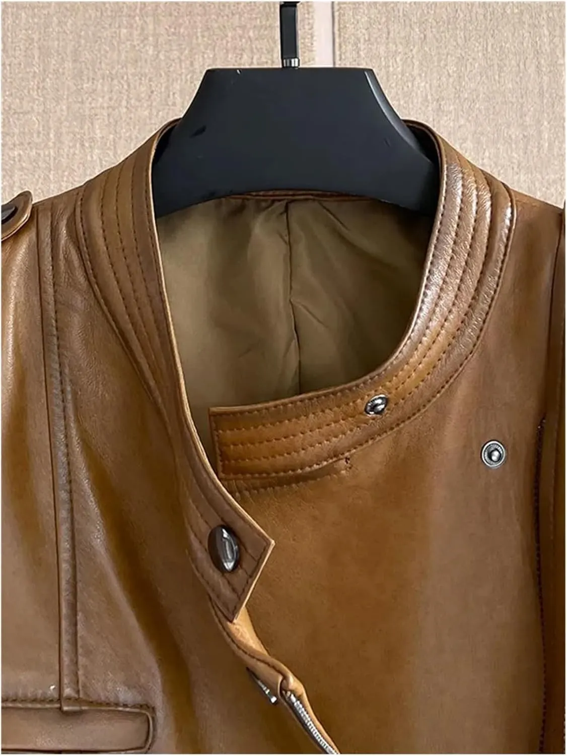 Women Oil Wax Sheepskin Jacket Spring Short Stand Collar Office Work Coat Vintage Moto Biker Genuine Leather Jacket