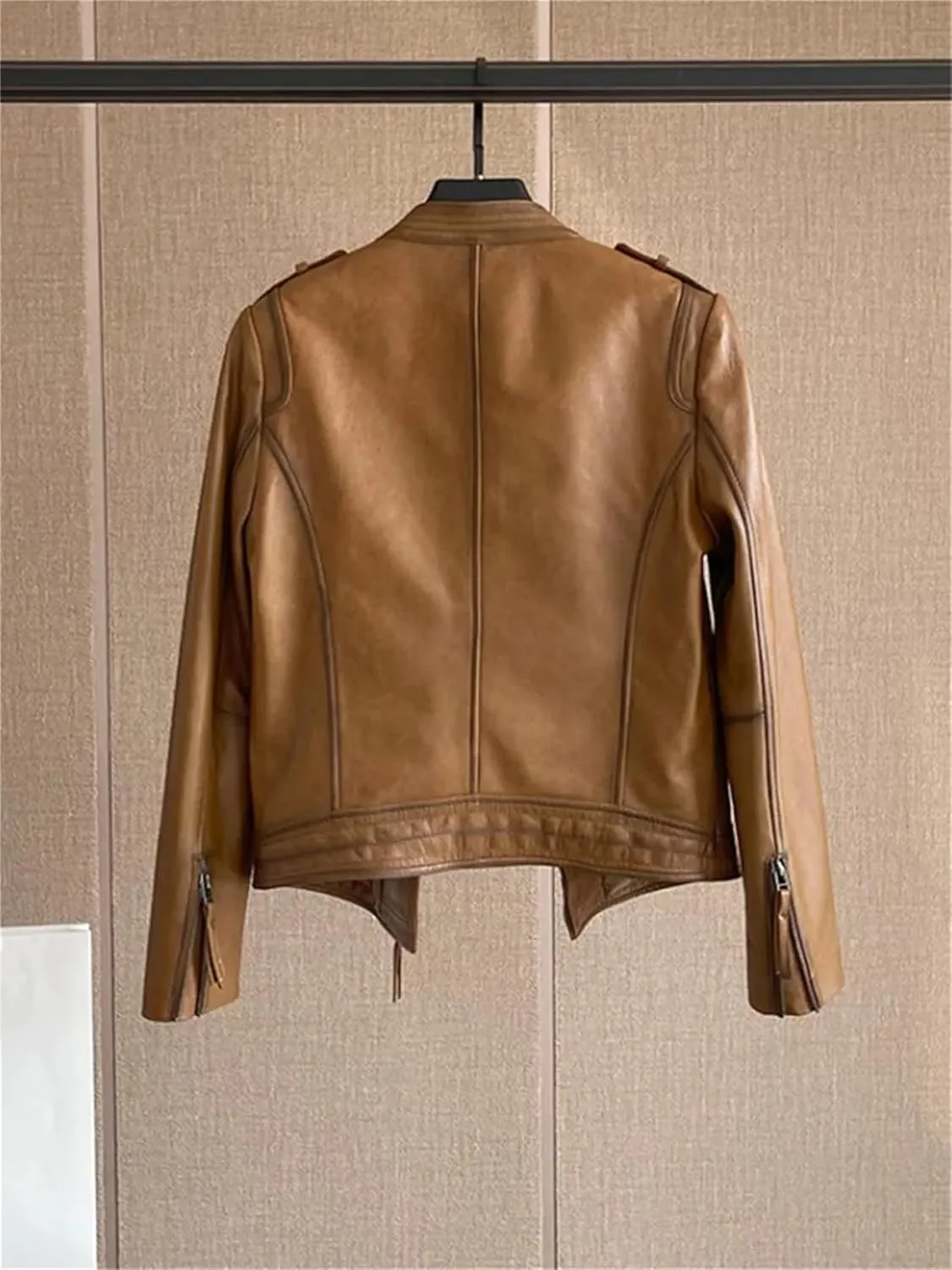Women Oil Wax Sheepskin Jacket Spring Short Stand Collar Office Work Coat Vintage Moto Biker Genuine Leather Jacket
