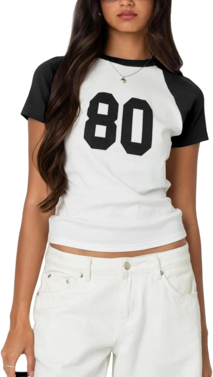 Women Short Sleeve Jersey Crop Tops Vintage 90s Y2k Baby Tees Crewneck Number Graphic Slim Fit T-Shirts