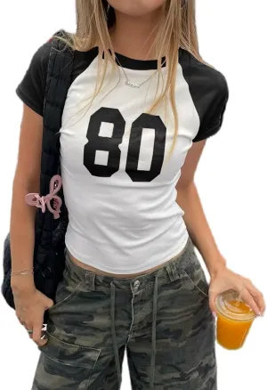 Women Short Sleeve Jersey Crop Tops Vintage 90s Y2k Baby Tees Crewneck Number Graphic Slim Fit T-Shirts
