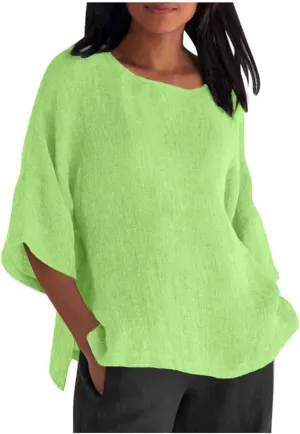 Women Short Sleeve Linen Shirt Casual V Neck Oversized T Shirt Plain Solid Loose Fit Summer Tee Top