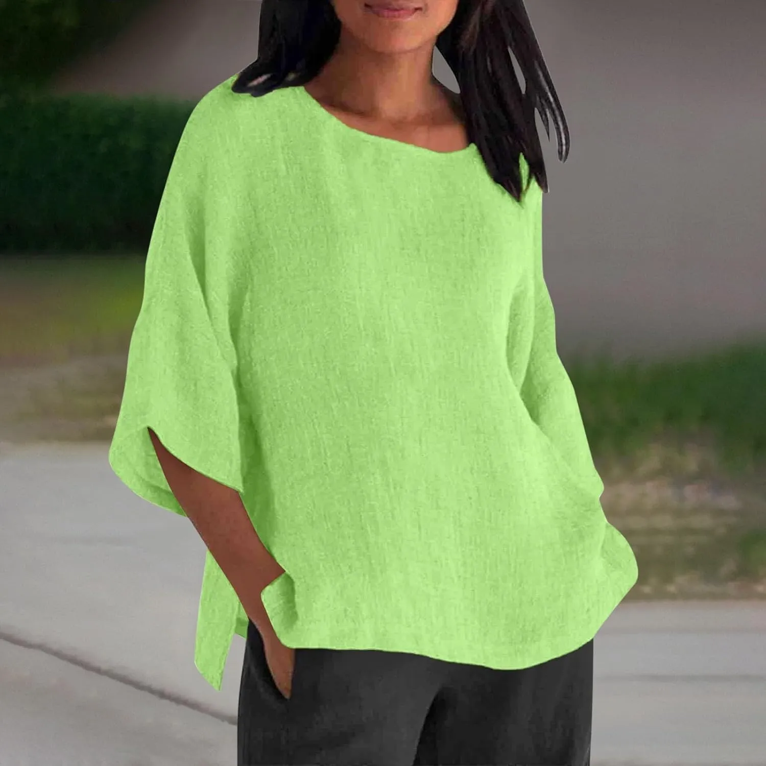 Women Short Sleeve Linen Shirt Casual V Neck Oversized T Shirt Plain Solid Loose Fit Summer Tee Top