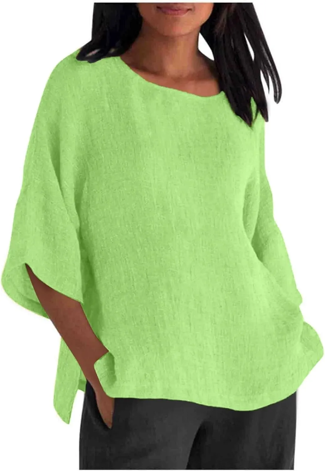 Women Short Sleeve Linen Shirt Casual V Neck Oversized T Shirt Plain Solid Loose Fit Summer Tee Top