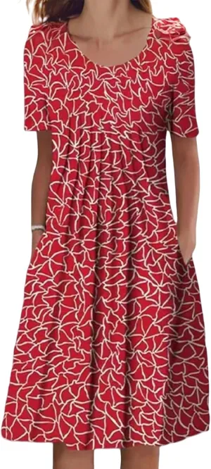 Women Summer Boho Floral Sundress Crewneck Short Sleeve Loose Fit Midi Dress Trendy Vintage Flowy Aline Dresses