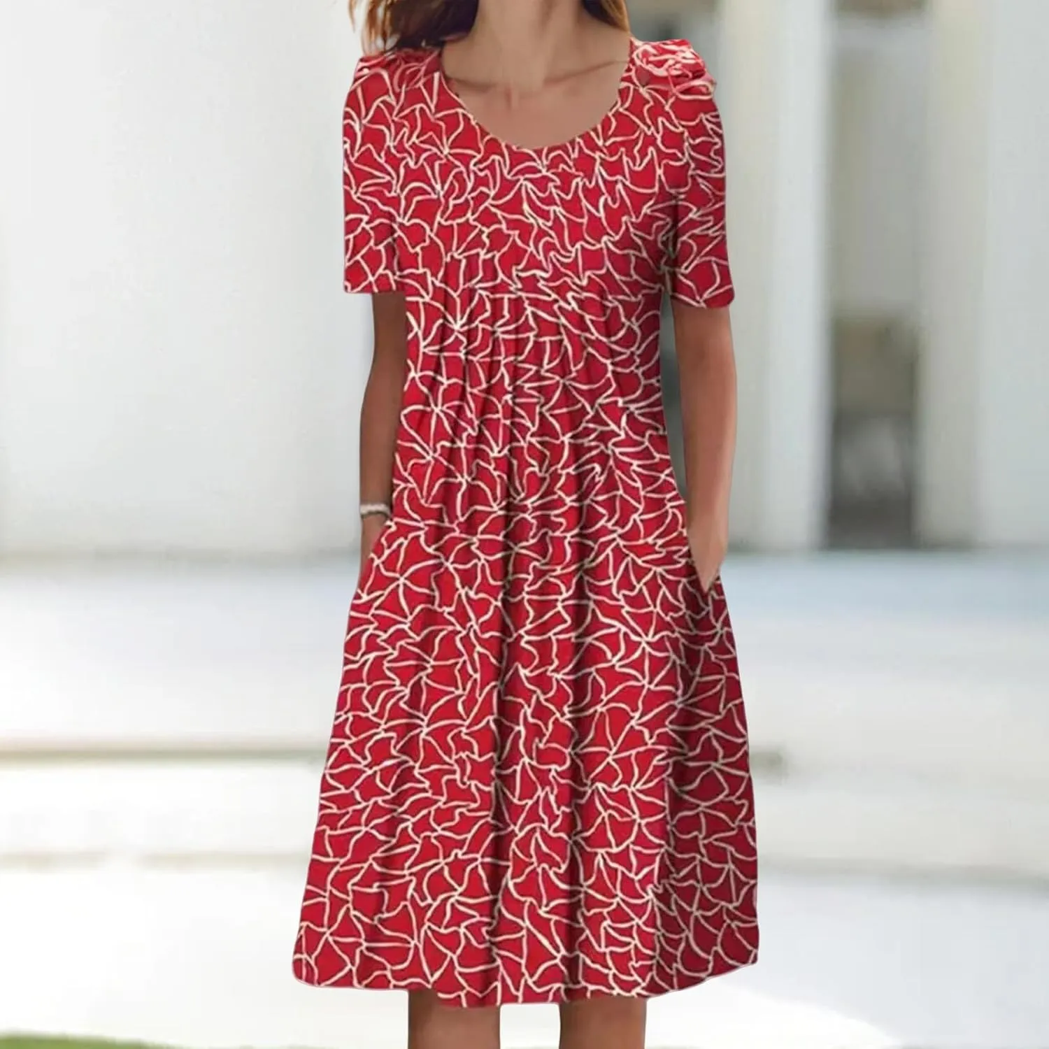 Women Summer Boho Floral Sundress Crewneck Short Sleeve Loose Fit Midi Dress Trendy Vintage Flowy Aline Dresses