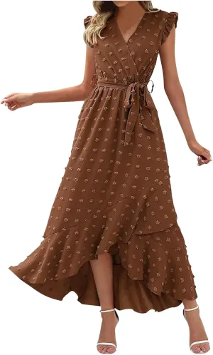 Women Summer Casual Dresses Wrap V Neck Ruffle Sleeveless Split Hem Flowy Midi Dress with Belt Swiss Polka Dot
