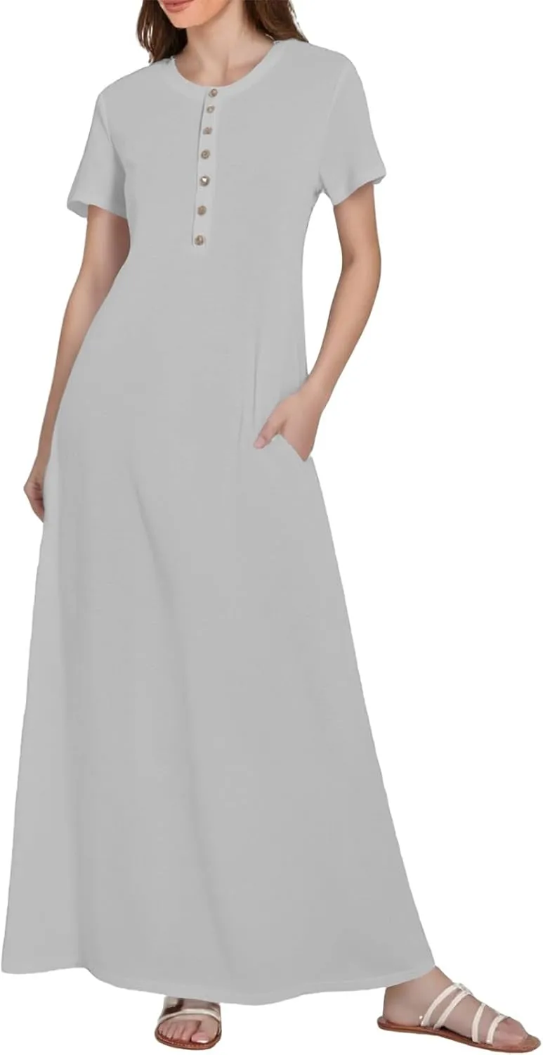 Women Summer Casual Short Sleeve Maxi Dress Button Fit Flare A-Line Flowy Long Shirt Dresses 2025 Beach Outfits