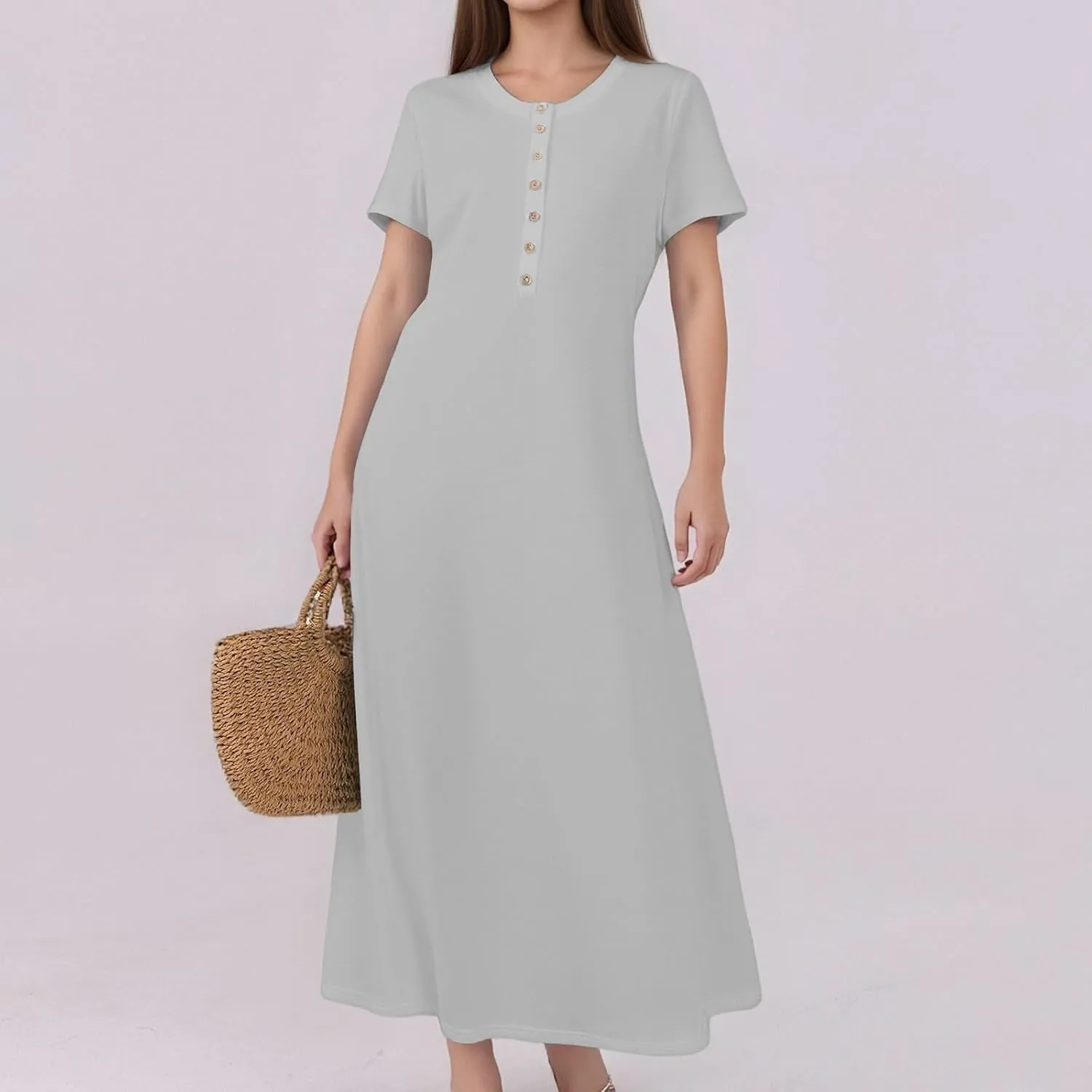 Women Summer Casual Short Sleeve Maxi Dress Button Fit Flare A-Line Flowy Long Shirt Dresses 2025 Beach Outfits