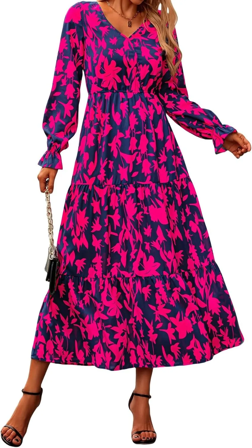 Women Summer Dresses 2025 Floral Print V Neck Long Sleeve Maxi Dress Casual Loose A-Line Flowy Beach Dress