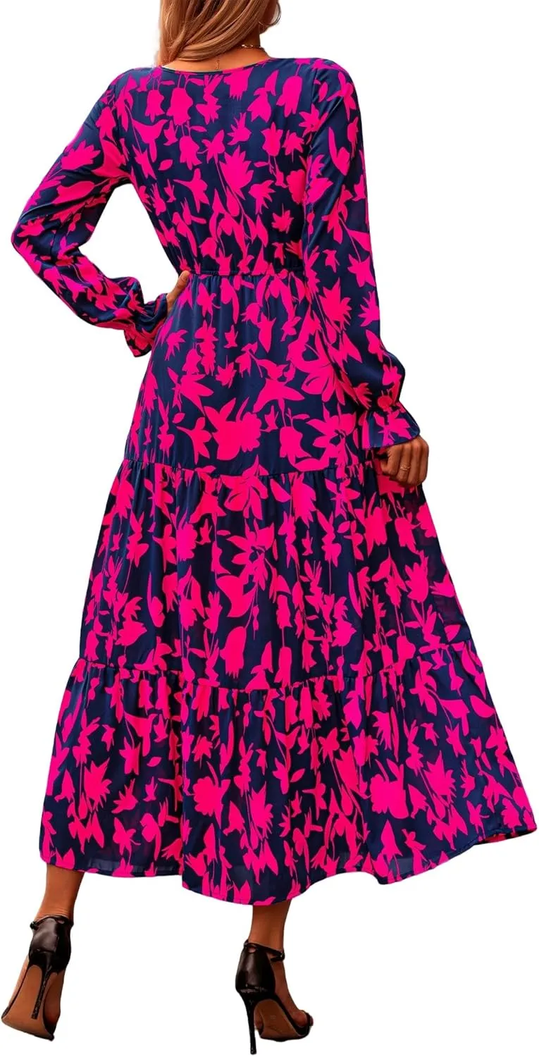 Women Summer Dresses 2025 Floral Print V Neck Long Sleeve Maxi Dress Casual Loose A-Line Flowy Beach Dress