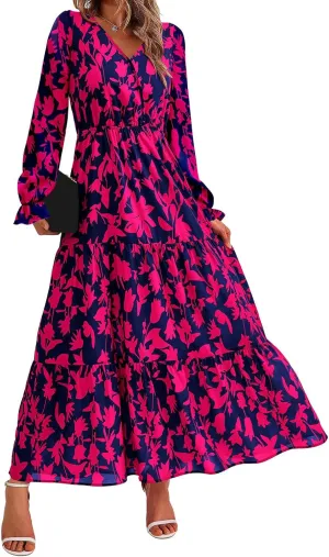 Women Summer Dresses 2025 Floral Print V Neck Long Sleeve Maxi Dress Casual Loose A-Line Flowy Beach Dress