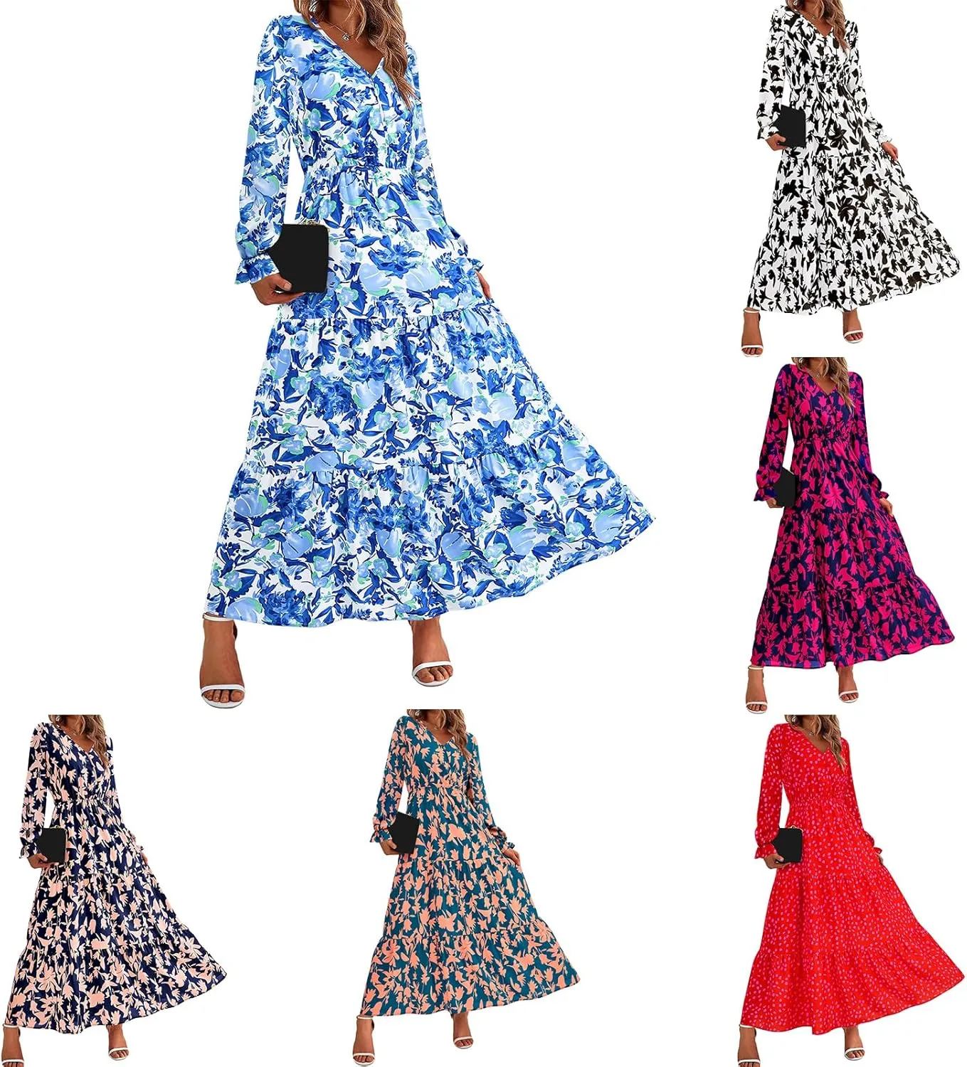 Women Summer Dresses 2025 Floral Print V Neck Long Sleeve Maxi Dress Casual Loose A-Line Flowy Beach Dress