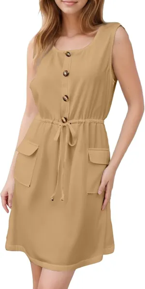 Women Summer Dresses Sleeveless Crew Neck Button Drawstring Waist Mini Short Dress Solid Beach Vacation Sundresses