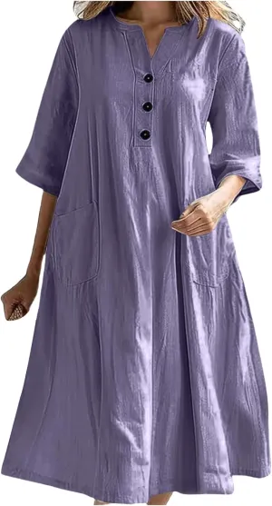 Women Summer Shirt Dress Cotton Linen Short Sleeve Button Down V Neck Sundress Flowy Trendy Casual Loose Midi Dresses