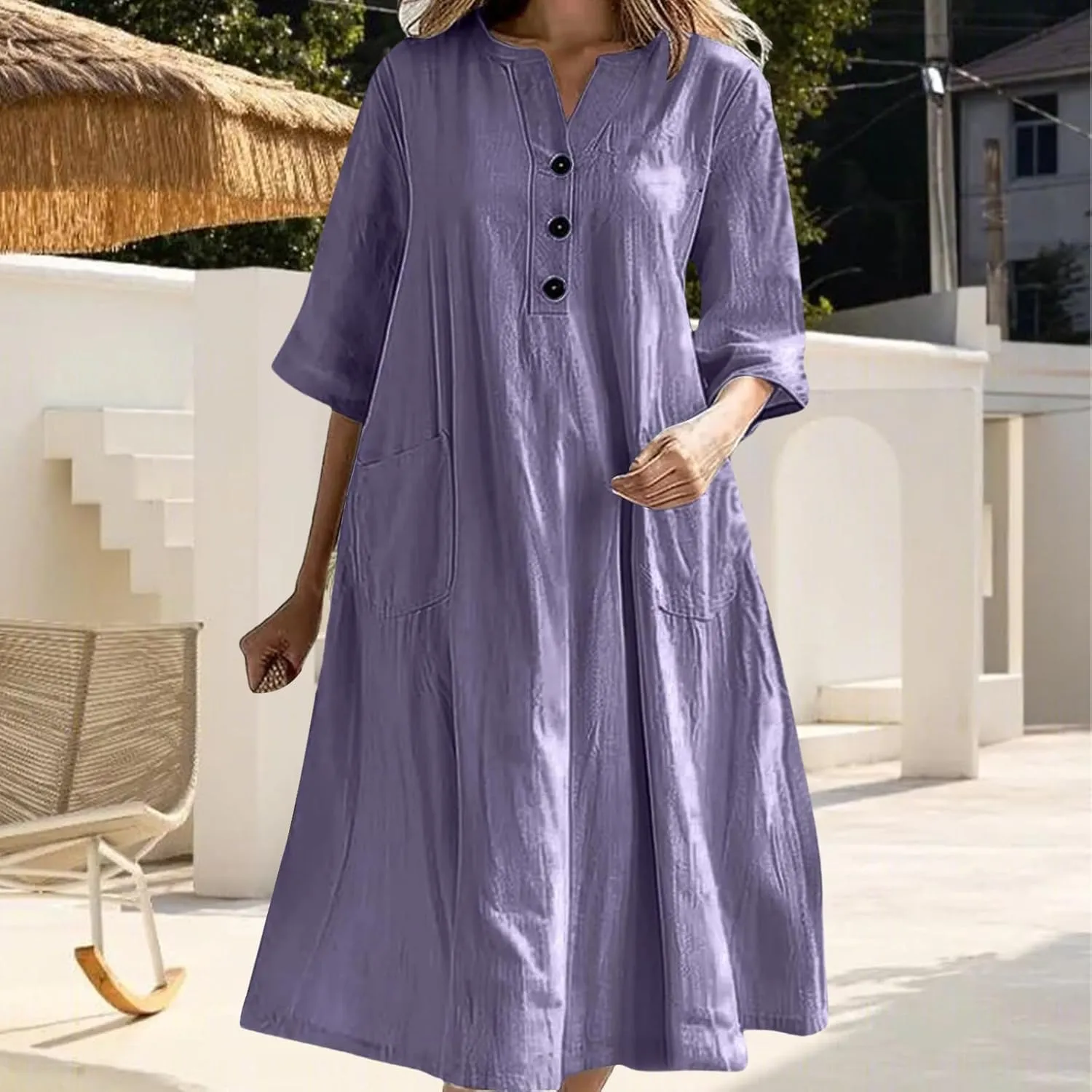 Women Summer Shirt Dress Cotton Linen Short Sleeve Button Down V Neck Sundress Flowy Trendy Casual Loose Midi Dresses