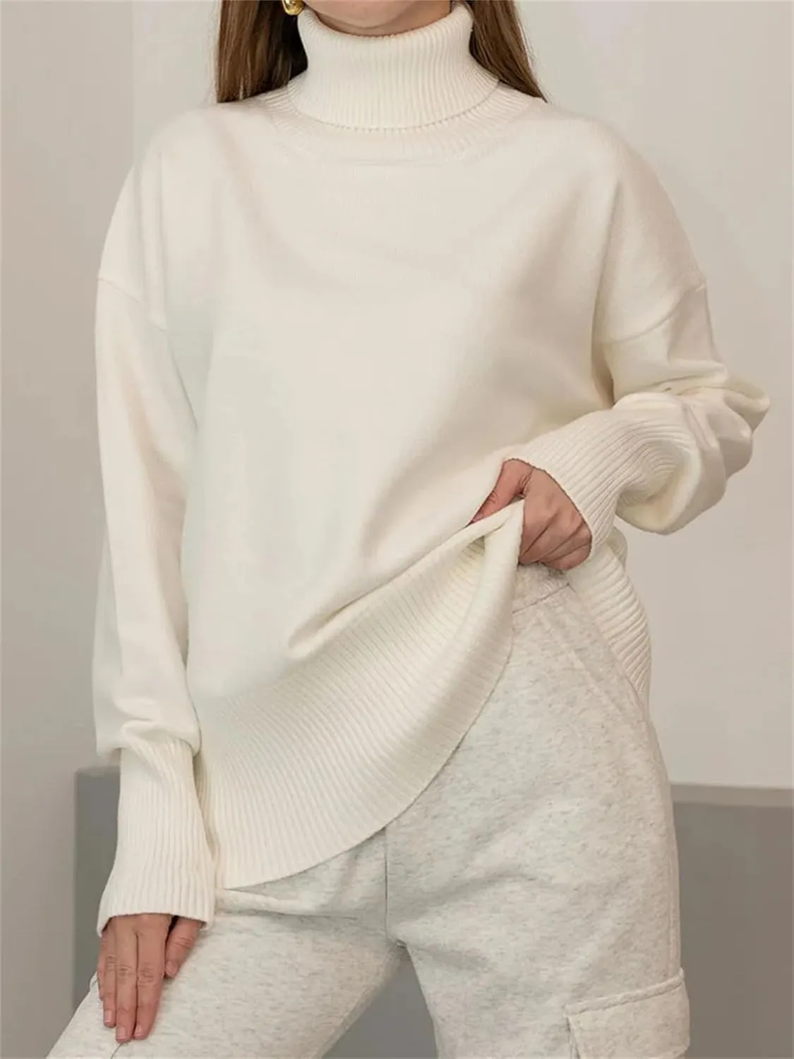 Women Turtleneck Casual Sweaters Oversize Knit Jumpers Winter Warm Thick Sweater