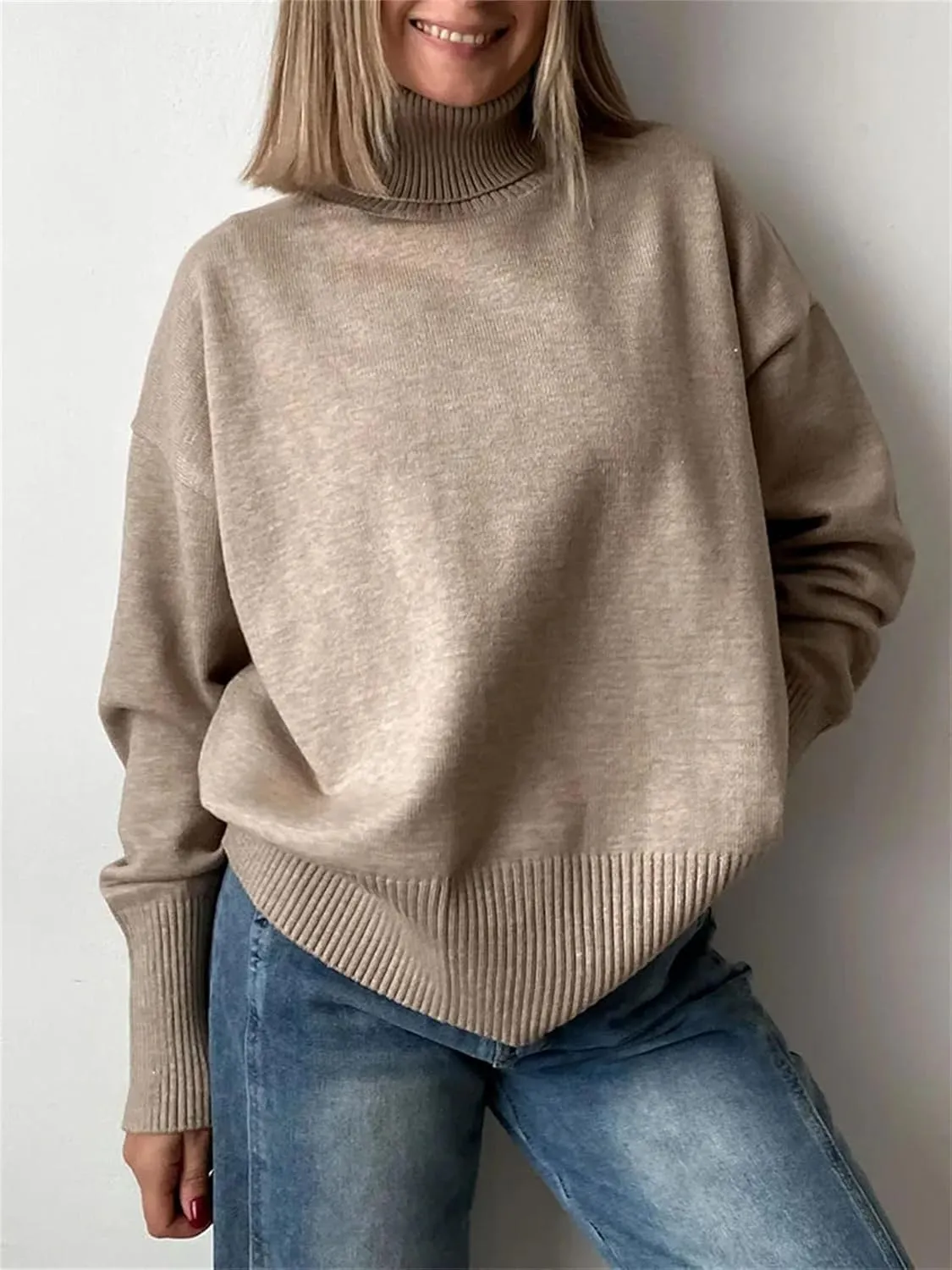 Women Turtleneck Casual Sweaters Oversize Knit Jumpers Winter Warm Thick Sweater