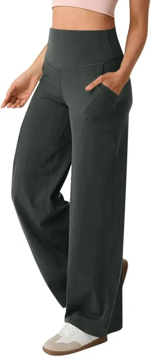 Women Wide Leg Yoga Pants with Pockets High Waist Straight Leg Dress Loose Yoga Pants Tummy Control Flare Leggings