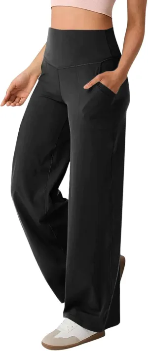 Women Wide Leg Yoga Pants with Pockets High Waist Straight Leg Dress Loose Yoga Pants Tummy Control Flare Leggings