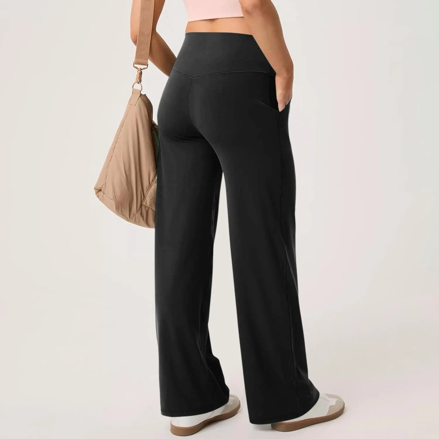Women Wide Leg Yoga Pants with Pockets High Waist Straight Leg Dress Loose Yoga Pants Tummy Control Flare Leggings