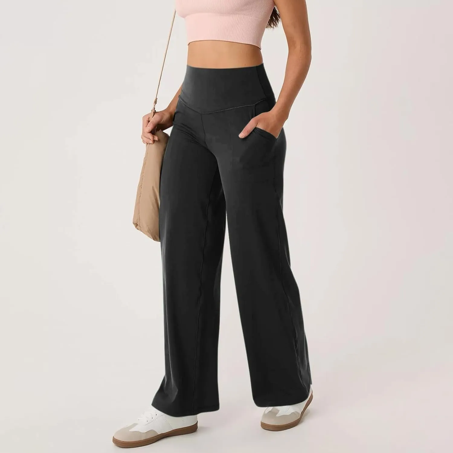 Women Wide Leg Yoga Pants with Pockets High Waist Straight Leg Dress Loose Yoga Pants Tummy Control Flare Leggings